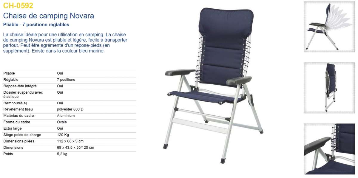 Chaise De Camping Campart Travel CH-0592 – Matelassée, 7 Positions Inclinables, Tendeur élastique, Cadre Alu, Charge 120 Kg – Navy